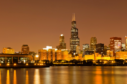Skyline from Lake Michigan Shedd Aquarium and Sears/Willis Tower Chicago Illinois USA