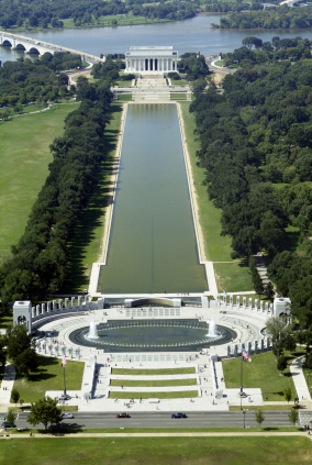 Mall with Reflecting Pool WWII Memorial Lincoln Memorial and Potomac River Washington DC USA