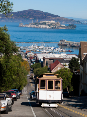 Cable Car with Alcatraz Island in Background San Francisco California USA